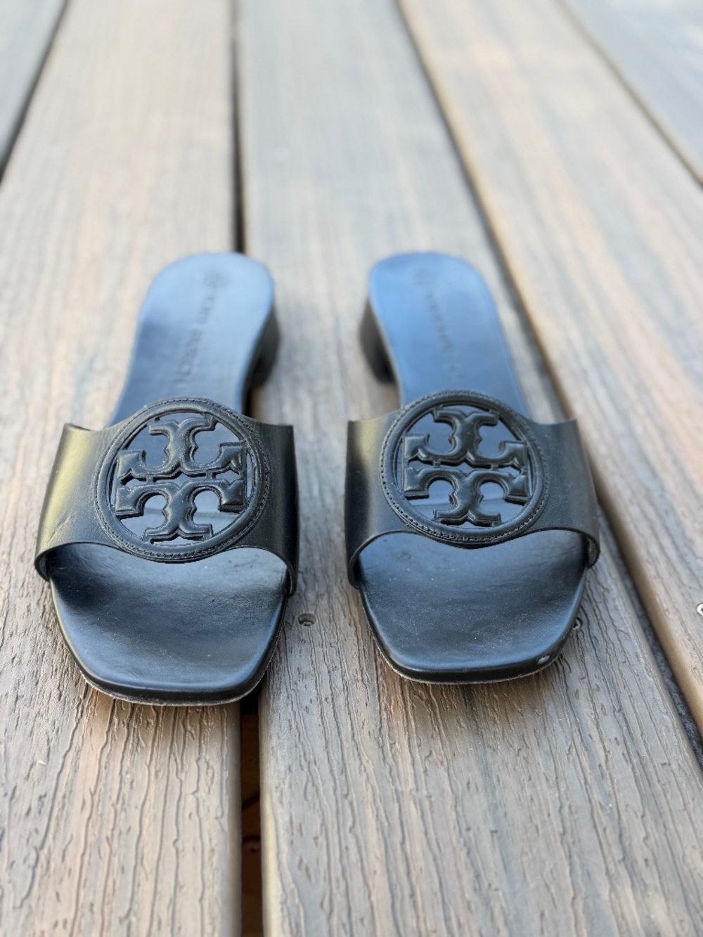 Tory Burch Black Leather Logo Low Heel Slide Sandals Size 9